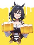  1girl alcohol animal_ears beer beer_mug black_hair blue_eyes blush bob_cut bodice breasts choker cleavage commentary_request cup detached_sleeves dirndl ear_ribbon ear_scrunchie eishin_flash_(meisterschaft)_(umamusume) eishin_flash_(umamusume) german_clothes ggg_gorillamanx hair_between_eyes highres horse_ears horse_girl large_breasts looking_at_viewer mug open_mouth red_choker scrunchie short_hair smile solo swept_bangs umamusume white_scrunchie 