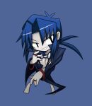  1girl absurdres bandaid bandaids_on_nipples blue_background blue_cloak blue_hair bracelet breasts chibi chibi_only ciel_(tsukihime) cloak convenient_censoring curtained_hair evil_grin evil_smile fighting_stance fingernails grin highres higureroom jewelry kagetsu_tooya looking_at_viewer michael_roa_valdamjong naked_cloak pale_skin pasties ponytail possessed ring roa-ciel sharp_fingernails sidelocks smile tsukihime vampire 