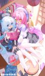  2girls :d absurdres black_hat black_shoes black_skirt blue_eyes blue_hair blush chinese_commentary commentary_request dildo double-parted_bangs double_horizontal_stripe egg_vibrator feet frilled_socks frills full_body hair_between_eyes hair_intakes hat highres long_hair long_sleeves manga_(object) miniskirt multiple_girls ningmeng_jing_jing_jing_jing no_shoes nose_blush open_mouth original pink_hair pleated_skirt purple_hat sex_toy shirt shoes single_hair_intake sitting skirt smile socks toes unworn_shoes variant_set vibrator virtual_youtuber white_shirt white_socks 
