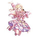 1girl :d ;d ahoge arm_strap blonde_hair blue_streaks bow bowtie breasts crop_top cross-laced_clothes cross-laced_top earrings hair_bow hair_ornament hair_ribbon hairclip half_updo hand_up highres holding holding_microphone hoshikawa_sara idol_clothes jewelry jumping layered_skirt long_hair looking_at_viewer lower_leg_strap microphone midriff momoshiki_tsubaki multicolored_hair neck_ribbon nijisanji official_alternate_costume official_art one_eye_closed open_hand open_mouth pearl_hair_ornament pink_bow pink_bowtie pink_hair pink_ribbon pink_shirt pink_shoes pink_skirt pom_pom_(clothes) ribbon ring second-party_source shirt shoes simple_background singing skirt sleeveless sleeveless_shirt smile socks solo streaked_hair tiara transparent_background two-tone_ribbon virtual_youtuber white_bow white_socks yellow_bow yellow_bowtie yellow_eyes yellow_ribbon 