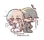  2boys @_@ amano_mashiro antenna_hair black_jacket black_necktie black_pants black_suit blush brushing_another's_hair brushing_hair comb commentary_request detached_antenna_hair earrings embarrassed esse_series fang hair_down heart holding holding_comb jacket jacket_on_shoulders jewelry kneeling kobayashi_luca lapels long_hair multiple_boys necktie nekomiya_168 oshi_no_taisetsuna_hito_ni_narikawaru paint_chat_(medium) pants simple_background sitting stud_earrings suit translation_request very_long_hair white_background yellow_eyes 