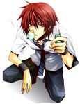  artist_request bangs bubble_blowing chewing_gum male_focus marui_bunta necktie pants red_eyes red_hair school_uniform shadow solo squatting tennis_no_ouji-sama white_background wristband 