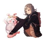  backpack bag black_legwear bow bunny danganronpa flipped_hair furutachirikonbu grey_hair hood hoodie monomi_(danganronpa) nanami_chiaki pink_eyes sitting smile super_danganronpa_2 thighhighs 