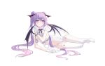  1girl absurdres babydoll black_bow black_bowtie black_shoes borrowed_character bow bowtie breast_strap breasts collar commentary_request cross cuffs demon_girl demon_wings dress eve_(rurudo) frilled_dress frills garter_belt garter_straps gloves hair_between_eyes hair_spread_out hand_on_own_chest handcuffs highres leaning lingerie long_hair looking_up lying mary_janes medium_breasts multi-strapped_panties navel no_bra on_side on_stomach panties partial_commentary project_carneades purple_eyes purple_hair shi_yao shoes simple_background solo stomach thighhighs thighs twintails underwear white_background white_collar white_gloves white_thighhighs wings 