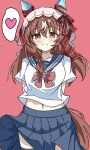  1girl absurdres animal_ears blue_sailor_collar blue_skirt blush bow breasts brown_hair closed_mouth collarbone commentary_request ear_covers ear_ribbon hair_between_eyes hair_ornament heart highres horse_ears horse_girl horse_tail long_hair looking_at_viewer midriff_peek multicolored_hair navel red_bow red_eyes ribbon sailor_collar sailor_shirt school_uniform serafuku shirt simple_background skirt small_breasts smile solo spoken_heart still_in_love_(umamusume) streaked_hair tail umamusume veil white_shirt white_streaks white_veil ziromaru765 