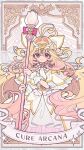  1girl absurdres antenna_hair blonde_hair bow bowtie braid brooch capelet card_(medium) character_name commentary_request cure_arcana dress frilled_capelet frills gradient_hair hair_bow hair_intakes hair_ornament half_up_braid heart heart_brooch heart_hair_ornament highres jewelry kannagi6 long_hair magical_girl meitantei_precure! moria_luluka multicolored_hair pink_eyes pink_hair precure ribbon shine_arcana_rod solo two-tone_hair veil very_long_hair white_bow white_bowtie white_capelet white_dress white_veil white_wrist_cuffs winged_heart wrist_cuffs wrist_ribbon yellow_ribbon 