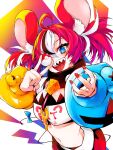  1girl ahoge animal_ear_fluff animal_ears black_hair blue_bow blue_eyes bow cheese commentary_request eyelashes fingernails food glint hair_between_eyes hair_ribbon hakos_baelz hakos_baelz_(1st_costume) highres holding holding_poke_ball hololive hololive_english key long_hair midriff mouse_ears mouse_girl mouse_tail multicolored_hair nail_polish navel nez_n open_mouth poke_ball poke_ball_(basic) pokemon red_hair red_nails ribbon ringed_eyes sharp_teeth smile solo tail tail_bow tail_ornament teeth twintails upper_teeth_only v virtual_youtuber white_hair white_ribbon 