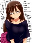  bad_id bad_pixiv_id blouse brown_eyes brown_hair glasses hyudora long_hair looking_at_viewer original simple_background smile solo translation_request 