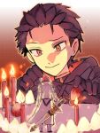  2boys alternate_universe bad_end black_cape black_gloves black_hair cake candle cape chinese_commentary commentary food fruit gloves hair_slicked_back highres holding holding_sword holding_weapon knight long_sleeves male_focus mejun233 multiple_boys natsuki_subaru re:zero_kara_ayamatsu_isekai_seikatsu re:zero_kara_hajimeru_isekai_seikatsu red_hair reinhard_van_astrea scabbard sheath short_hair size_difference strawberry sword weapon 