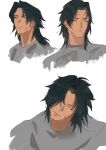  1boy alternate_costume alternate_hairstyle black_hair blue_eyes crisis_core:_final_fantasy_vii cropped_torso cross_scar earrings english_commentary final_fantasy final_fantasy_vii grey_shirt highres jewelry lumiaeria male_focus medium_hair multiple_views parted_bangs parted_lips scar scar_on_cheek scar_on_face shirt simple_background stud_earrings upper_body white_background zack_fair 