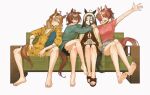  4girls agnes_tachyon_(umamusume) ahoge animal_ears arms_around_neck bangs_pinned_back bare_legs barefoot black_hair black_sandals black_skirt blinking braid breasts brown_hair chemical_structure closed_eyes closed_mouth commentary couch crossed_bangs crossed_legs cup dantsu_flame_(umamusume) ear_covers ear_ornament ear_tag earrings english_commentary feet flat_chest frilled_shorts frills green_skirt hair_between_eyes half_up_braid hands_up highres holding holding_cup horse_ears horse_girl horse_tail jacket jacket_on_shoulders jam_(umamusume) jewelry jungle_pocket_(umamusume) legs long_hair long_hair_between_eyes long_shirt looking_at_another manhattan_cafe_(umamusume) medium_breasts medium_hair mug mujintou_png multicolored_hair multiple_girls notched_ear off-shoulder_shirt off_shoulder on_couch open_clothes open_jacket open_mouth pillow pink_hair plaid_clothes plaid_skirt purple_shirt red_eyes ribbon sandals shirt shirt_tucked_in shorts single_earring sitting skirt smile soles spread_legs tail teeth toenails toes umamusume upper_teeth_only very_long_hair white_hair white_jacket white_ribbon white_shirt wolf_cut yellow_jacket yuri 