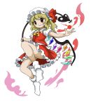  1girl absurdres ascot aura blonde_hair blush buttons closed_mouth commentary_request crystal crystal_wings flandre_scarlet floating frilled_shirt_collar frilled_skirt frills full_body hand_up hat hat_ribbon highres holding holding_weapon kaisouou_konbu knee_up laevatein_(touhou) medium_hair mob_cap multicolored_wings one_side_up parody puffy_short_sleeves puffy_sleeves red_eyes red_skirt red_vest ribbon shirt short_sleeves side_ponytail skirt skirt_set smile socks solo style_parody touhou vest weapon white_hat white_shirt white_socks wings yellow_ascot zun_(style) 