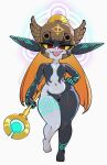  1girl absurdres colored_sclera colored_skin full_body gramdraw hand_on_own_hip helmet highres holding holding_staff imp long_hair long_pointy_ears looking_at_viewer maplestory midna midna_(imp) multicolored_skin neon_trim orange_hair pointy_ears red_eyes shortstack simple_background solo staff the_legend_of_zelda the_legend_of_zelda:_twilight_princess two-tone_skin wide_hips yellow_sclera 
