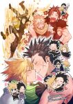  2boys arm_around_shoulder armor black_gloves black_hair blonde_hair brown_gloves cheek-to-cheek cloud_strife commentary_request crisis_core:_final_fantasy_vii cross_scar earrings final_fantasy final_fantasy_vii flower gloves green_scarf heads_together heart jewelry laughing male_focus multiple_boys none_(kameko227) open_mouth red_flower scar scar_on_cheek scar_on_face scarf shinra_infantry_uniform short_hair shoulder_armor sleeveless sleeveless_turtleneck smile spiked_hair stud_earrings sweater turtleneck turtleneck_sweater twitter_username yaoi zack_fair 