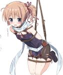  1girl arms_behind_back bare_shoulders bdsm belt belt_pouch black_boots black_dress black_shorts blunt_bangs blunt_ends blush bondage boots bound breasts brown_hair chinese_clothes cleavage_cutout clothing_cutout commentary_request dress dutch_angle floral_print floral_print_dress full_body furrowed_brow hair_ribbon ina_koyozu leaning_forward legs_up looking_at_viewer medium_breasts open_mouth paint_chat_(medium) pouch print_dress qipao red_ribbon restrained ribbon ribbon-trimmed_shorts ribbon_trim rope sen_no_hatou_tsukisome_no_kouki shiny_skin short_dress shorts sidelocks simple_background sleeveless sleeveless_dress small_breasts solo suspension sweat takepoison tearing_up thighs torn_clothes torn_shorts translated trembling twintails white_background white_belt 