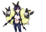  1girl absurdres alternate_breast_size_(larger) alternate_costume animal_ears blue_eyes breasts coat commentary_request elesa_(pokemon) emolga fake_animal_ears headphones heart_pasties highres long_sleeves maebari navel necktie open_clothes open_coat pasties pokemon pokemon_(creature) pokemon_black_2_and_white_2 pokemon_on_arm reverse_bunnysuit reverse_outfit short_necktie simple_background sweatdrop white_background yellow_coat zonbi_no_mokushiroku 