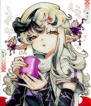  3girls absurdres artist_name black_hair braid coffee commentary_request cup demon_girl demon_tail demon_wings detached_sleeves dress earrings eudetenis fang heart highres holding holding_cup horns hot_drink jewelry light_blush long_hair long_pointy_ears low_twin_braids mini_person minigirl multicolored_hair multiple_earrings multiple_girls open_mouth original pendant_earrings pink_hair pointy_ears purple_dress purple_trim red_eyes red_horns red_nails red_tail red_wings ribbed_scarf scarf shirt short_sleeves short_twintails sidelocks small_horns solo_focus steam steaming_cup tail traditional_media twin_braids twintails two-tone_dress two-tone_hair upper_body white_hair white_scarf white_shirt wings 
