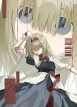  1girl absurdres alice_margatroid blonde_hair blue_dress blue_eyes bow bowtie capelet doll doll_joints dress frilled_hairband frills hair_between_eyes hairband hajimie2333 highres joints looking_at_viewer medium_hair puffy_short_sleeves puffy_sleeves puppet_strings red_bow red_bowtie red_hairband red_pupils short_sleeves touhou white_capelet wrist_cuffs zoom_layer 