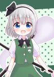  1girl black_bow black_bowtie black_hairband blue_eyes blush bow bowtie collared_shirt commentary_request green_background green_skirt green_vest grey_hair hairband highres hitodama holding holding_sword holding_weapon katana konpaku_youmu konpaku_youmu_(ghost) looking_at_viewer open_mouth puffy_short_sleeves puffy_sleeves shirt short_sleeves skirt skirt_set smile solo sword toriki_fukuro touhou vest weapon white_shirt 