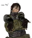  1other antenna_hair belt_pouch black_gloves black_jacket brown_hair check_clothing chest_rig clothing_request downturned_eyes english_text facepaint fingerless_gloves foreshortening gloves grin gurnerk hair_between_eyes head_tilt highres jacket long_sleeves looking_at_viewer low_ponytail mole mole_under_eye original outstretched_arms ponytail pouch raised_eyebrows reaching reaching_towards_viewer shaded_face simple_background smile turtleneck turtleneck_jacket upper_body white_background white_eyes 