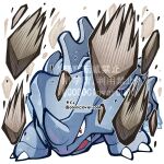  04sora40 claws commentary_request fangs highres horns no_humans open_mouth pokemon pokemon_(creature) pokemon_focus pokemon_move red_eyes rhyhorn rock rock_slide_(pokemon) single_horn solo white_background 
