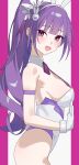  1girl absurdres animal_ear_hairband animal_ears breasts commentary_request fake_animal_ears flora_(fairy_rabbit)_(nikke) flora_(nikke) gloves goddess_of_victory:_nikke hairband high_ponytail highleg highleg_leotard highres leotard long_hair mole mole_under_eye multicolored_leotard official_alternate_costume open_mouth pink_eyes playboy_bunny ponytail purple_hair rabbit_ear_hairband rabbit_ears smile solo two-tone_leotard white_gloves white_leotard yu3n 
