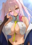  1girl azur_lane bare_shoulders bennington_(azur_lane) breast_curtains breasts closed_mouth commentary_request earrings eyeliner green_eyes gyaru heart heart-shaped_eyewear heart_earrings jewelry large_breasts lips long_hair looking_at_viewer makeup navel navel_piercing necktie one_eye_closed piercing pink-tinted_eyewear pink_hair red_eyeliner red_nails red_pupils smile solo stomach sunglasses tan tinted_eyewear two_side_up utagawa_niki yellow_necktie 