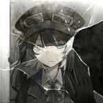  2girls black_choker black_coat black_dress black_hair black_hat black_ribbon blue_suit broken_mirror choker closed_mouth coat collared_dress collared_shirt crack cracked_glass different_reflection dress goggles goggles_on_headwear grey_eyes hair_ornament hand_on_mirror hat kalsept kurobe_honoka kurobe_nanoka long_hair looking_at_viewer mahou_shoujo_no_majo_saiban mirror multicolored_hair multiple_girls neck_ribbon portrait reflection revealing_layer ribbon shirt siblings sisters smile spoilers streaked_hair suit twintails white_shirt 