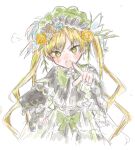  1girl anger_vein black_bow black_bowtie black_capelet black_flower black_rose blonde_hair bonnet bow bow_flower bowtie capelet dress flower frilled_capelet frilled_dress frilled_sleeves frills furrowed_brow green_bonnet green_eyes hair_flower hair_ornament hand_on_own_hip highres layered_dress layered_sleeves lolita_fashion long_hair long_sleeves looking_at_viewer mahou_shoujo_no_majo_saiban ohohohohnh open_mouth pointing pointing_at_viewer puff_of_air rose simple_background solo tono_hanna tulip twintails two-tone_dress upper_body v-shaped_eyebrows white_background white_flower white_rose white_tulip wide_sleeves winged_hat yellow_flower yellow_rose 