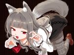 1girl amulet animal_ear_fluff animal_ears bent_over boots child claw_pose commentary diagada dotted_background english_commentary fang grey_hair grey_tail highres long_hair long_sleeves looking_at_viewer looking_up myuri_(spice_and_wolf) neck_pouch open_mouth red_eyes red_nails shirt shorts skin_fang skirt solo spice_and_wolf tail teasing thighhighs twitter_username white_shirt wolf_and_parchment wolf_ears wolf_girl wolf_tail 