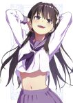 1girl absurdres alternate_color arms_behind_head black_hair blue_eyes blue_neckerchief blush breasts crop_top cropped_shirt flower hair_flower hair_ornament highres long_hair looking_at_viewer midriff navel neckerchief pleated_skirt raika9 sakugawa_school_uniform saten_ruiko scan school_uniform serafuku shirt skirt small_breasts smile solo stomach toaru_kagaku_no_railgun toaru_majutsu_no_index white_shirt winter_uniform 