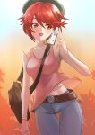  1girl alternate_costume belt beret cellphone commentary_request contemporary cowboy_shot deekei denim fire_emblem fire_emblem_fates gradient_background green_hat hat highres hinoka_(fire_emblem) holding holding_phone jeans open_mouth orange_background pants phone pink_tank_top red_eyes smartphone smile solo tank_top teeth upper_teeth_only 