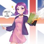  1girl amelia_(pathways) an_dres_art bare_legs blunt_bangs book breasts burning choker commentary cowboy_shot cross cross_choker dress earrings english_text fire flag_background grin highres holding holding_book holding_matchstick islam jacket jewelry matchstick mole mole_under_eye open_clothes open_jacket pathways_(game) pink_dress purple_choker purple_eyes purple_hair purple_jacket quran_(object) short_dress signature small_breasts smile solo speech_bubble thighs union_jack union_jack_background untranslatable_commentary 