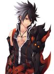  armor belt black_armor black_hair cross elsword expressionless gradient_hair grey_hair jewelry kirimi_maguro male_focus mechanical_arm multicolored_hair necklace raven_(elsword) reckless_fist_(elsword) shirt sleeveless sleeveless_shirt solo spiked_hair white_background yellow_eyes 
