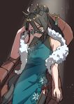  1girl absurdres ahoge animal_ears black_hair black_thighhighs blue_dress breasts chinese_clothes closed_mouth commentary_request dress glasses hair_between_eyes hair_bun hair_ornament hair_stick highres horse_ears horse_girl horse_tail long_bangs long_hair long_hair_between_eyes looking_at_viewer manhattan_cafe_(umamusume) mitsune_(3chune) multicolored_hair qipao shawl sitting sleeveless sleeveless_dress small_breasts smile solo tail thighhighs umamusume white_hair white_shawl yellow_eyes 