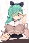  1girl adjusting_eyewear alternate_costume beads bespectacled black-framed_eyewear black_bra black_skirt blush book bra braid breast_pocket breasts button_gap cleavage commentary_request glasses green_eyes green_hair hair_beads hair_between_eyes hair_ornament hair_over_one_eye hair_ribbon hairclip hand_on_eyewear heart highres holding holding_pen kantai_collection large_breasts long_hair long_sleeves looking_at_viewer open_book parted_lips pen pink_nails pocket ponytail ribbon see-through_clothes see-through_shirt semi-rimless_eyewear shirt shirt_tucked_in side_braid skirt solo suzuki_toto under-rim_eyewear underwear upper_body yamakaze_(kancolle) 