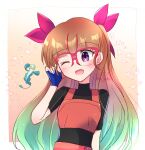  1girl aqua_hair black_shirt blue_gloves blush bow brown_hair commentary_request cropped_shirt fingerless_gloves glasses gloves hair_bow long_hair looking_at_viewer multicolored_hair ohdo_yuamu one_eye_closed open_mouth red-framed_eyewear red_bow red_shirt red_streaks s_ebi shirt solo split-color_hair streaked_hair two-tone_hair very_long_hair yu-gi-oh! yu-gi-oh!_go_rush!! 