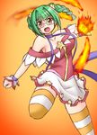  asahina_eriko bare_shoulders braid breasts fire glasses green_hair large_breasts open_mouth pani_poni_dash! skirt solo star striped striped_legwear thighhighs utomo 