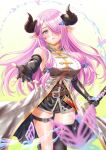  1girl absurdres armpit_crease asymmetrical_bangs asymmetrical_gloves bare_shoulders black_gloves black_jacket black_shorts black_thighhighs blue_eyes blurry blurry_foreground breasts bug butterfly butterfly_background coat coat_lift commentary_request curvy draph elbow_gloves fingerless_gloves floating_hair gloves gradient_background gradient_butterfly granblue_fantasy granblue_fantasy_versus hair_ornament hair_over_one_eye hairclip half-closed_eye high_collar highres holding holding_sword holding_weapon horns jacket jacket_under_coat katana large_breasts light_blush long_coat long_hair long_sidelocks looking_at_viewer low-tied_sidelocks micro_shorts narmaya_(granblue_fantasy) offering_hand one_eye_covered open_hand outstretched_arm parted_bangs parted_lips pink_hair pointy_ears shorts sidelocks single_fingerless_glove single_thighhigh sleeveless sleeveless_coat sleeveless_jacket solo sword thigh_strap thighhighs uizakura uneven_gloves upper_body very_long_hair weapon white_coat yellow_background 