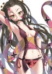  1girl arm_behind_head armpits black_nails breasts cameltoe cleavage closed_mouth comb commentary_request covered_nipples cowboy_shot daki_(kimetsu_no_yaiba) facial_mark fingernails frown green_eyes green_hair groin hair_ornament hair_slicked_back hand_on_own_hip highres ison_(zonerix) japanese_clothes kimetsu_no_yaiba kimono light_blush lips long_hair looking_at_viewer medium_breasts navel panties pixiv_username red_pupils revealing_clothes sash sharp_fingernails side-tie_panties simple_background smile solo text_in_eyes thighhighs underwear very_long_hair white_background white_thighhighs 