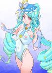  1girl aqua_hair blue_hat bridal_gauntlets brooch clothing_cutout commentary_request cure_eclair drill_hair hat hat_ornament heart heart_brooch heart_cutout highleg highleg_leotard highres howa_kurea jewelry kuppipi_ramutarou leotard long_hair long_sidelocks magical_girl meitantei_precure! nipple_cutout nipples precure purple_bridal_gauntlets sidelocks smile solo twin_drills very_long_hair white_leotard 