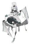  1girl absurdres black_bow black_gloves bow closed_mouth dress full_body gloves goma_(mulgogi) grey_hair hat high_heels highres holding looking_at_viewer medium_hair original shako_cap shoes simple_background solo torn_clothes white_background white_hat white_shoes 