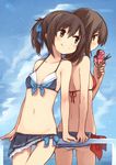  adapted_costume arm_support back-to-back bikini blue_eyes breasts brown_eyes brown_hair cloud day flat_chest food highres ice_cream kyuri long_hair looking_back multiple_girls navel original ponytail railing sailor_bikini sailor_collar sarong sky smile swimsuit water 