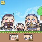  3girls all_fours blonde_hair blue_eyes blue_sky blunt_bangs building commentary day fighting_game health_bar highres holding holding_staff looking_at_another multiple_girls nyanko_daisensou orange_eyes sky speaki_(trickcal) staff tongue tongue_out tree trickcal y75zei 