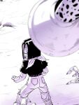  2boys absurdres amayuki318 android_17 bandana bandana_around_neck belt black_belt black_hair black_nails black_shirt blood blood_from_mouth cell_(dragon_ball) clenched_hand clenched_hands clenched_teeth commentary_request denim dragon_ball dragon_ball_z from_above from_behind highres imperfect_cell injury jeans layered_sleeves long_sleeves looking_to_the_side male_focus monster multiple_boys out_of_frame outdoors pants parted_hair partially_colored shirt short_over_long_sleeves short_sleeves standing sweatdrop t-shirt tail teeth torn_clothes torn_jeans torn_pants 
