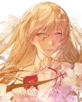 1girl absurdres arianrhod_(eiyuu_densetsu) ascot blonde_hair blue_eyes blurry blurry_background blurry_foreground center_frills closed_mouth collared_shirt commission double-parted_bangs eiyuu_densetsu english_commentary floating_hair floral_background flower frills hair_between_eyes hand_on_own_cheek hand_on_own_face highres lily_(flower) long_hair long_sleeves looking_at_viewer red_ascot red_ribbon ribbon sample_watermark sen_no_kiseki_(series) shirt sleeve_ribbon smile solo too_many_watermarks tyann upper_body watermark white_flower white_lily white_shirt 