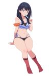  1girl absurdres arm_support armband armpit_crease bikini black_bikini black_hair blue_bikini blue_eyes breasts collarbone commentary_request food food_in_mouth gridman_universe groin halterneck highleg highleg_bikini highres holding holding_food holding_popsicle invisible_chair kneehighs knees_together_feet_apart long_hair looking_at_viewer medium_breasts multicolored_bikini navel official_alternate_costume orange_armband orange_scrunchie popsicle popsicle_in_mouth red_socks scrunchie simple_background sitting socks solo ssss.gridman string_bikini swimsuit takarada_rikka thick_thighs thighs umayer white_background white_bikini wide_hips 