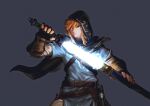  1boy belt belt_buckle black_cape black_gloves blonde_hair blue_eyes blue_tunic brown_belt buckle cape champion's_tunic_(zelda) closed_mouth commentary_request cowboy_shot fingerless_gloves gloves glowing glowing_sword glowing_weapon grey_background hair_between_eyes highres holding holding_sword holding_weapon hood hood_up hooded_cape jun_(navigavi) link lips long_hair looking_to_the_side making-of_available male_focus master_sword nose partial_commentary revision scabbard sheath sidelocks simple_background solo standing sword the_legend_of_zelda the_legend_of_zelda:_breath_of_the_wild tunic unsheathing vambraces weapon 