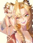  1girl abs absurdres bikini blonde_hair braid breasts brown_bikini chromashift cleavage commentary_request fangs fueppu full_body green_eyes green_nails highres hyena_ears hyena_girl hyena_tail large_breasts long_hair multiple_views muscular muscular_female open_mouth sandals scar scar_across_eye scar_on_face scar_on_leg swimsuit virtual_youtuber yena_youngblood 