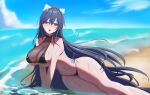  1girl absurdres azur_lane bad_anatomy bad_face bikini black_bikini black_hair blue_sky breasts cleavage collarbone commentary day feet_out_of_frame fuyuame5089 green_eyes highres huge_breasts indomitable_(azur_lane) indomitable_(the_laid-back_navigator)_(azur_lane) long_hair looking_at_viewer navel official_alternate_costume open_mouth outdoors see-through_cleavage see-through_clothes side-tie_bikini_bottom sky solo summer swimsuit very_long_hair water wet 